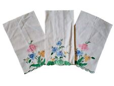 Vintage Mid-century Embroidered Linen Hand Towels Floral Grannycore picture