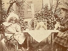 Antique Photo Two Little Girls Outdoor Tea Party w/ Doll picture