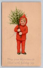 c1920s Boy Carries Tree Holiday Joy Christmas  P822 picture