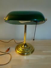Vtg Brass & Green Glass Shade Bankers Lawyer Desk Table Lamp with Pull-Chain picture