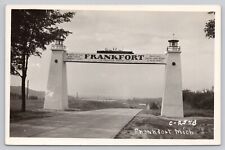 Frankfort Michigan, Welcome Sign Lighthouses Ship, VTG RPPC Real Photo Postcard picture