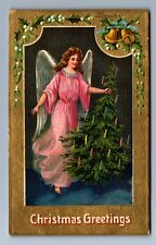 C.1910 BEAUTIFUL FLYING CHERUB ANGEL, PINK, TREE, CANDLES CHRISTMAS Postcard P18 picture