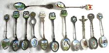 LOT OF 13 OLD ENAMELED BOWL SPOONS, VARIOUS BIRDS, PLACES, SCENES, BEAUTIFUL picture