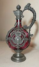 antique 19th century ornate pewter over cranberry glass wine claret jug decanter picture