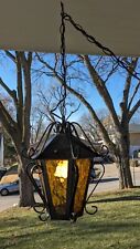 Vintage MCM Spanish Gothic Revival Pendant Swag Lamp FIXTURE  WROUGHT IRON Amber picture