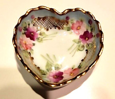 Vintage Petite Floral Hand Painted Porcelain Heart Shaped Bowl Light Moriage EUC picture