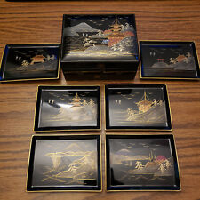 Vintage Japanese Lacquer Box and Trays with Painted Scenes picture