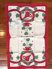 Vintage Kitchen Linen Tea Towel Red Border Tea Cups/Saucers & Green Ivy Leaves picture