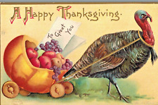 VIntage Postcard-A Happy Thanksgiving, Turkey pulling cart with fruits, embossed picture
