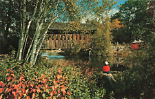 New England, Old Wooden Covered Bridge, Fall Foliage, Vintage Postcard picture