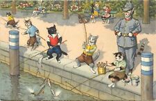 Eugen Hartung Swiss Dressed Cat Policeman Watches KIttens Fishing, Kunzli 4742 picture