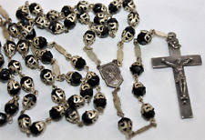 RARE Art Deco 6 mm Sterling Silver  Filigree Capped Black Glass bead ROSARY 24