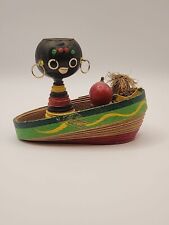 Vintage Caribbean Figurine Lady with Fruit Basket In Green Red Boat 3