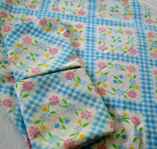 VTG SEARS PERMA PREST TWIN FLAT SHEET & 2 PILLOWCASES Blue Plaid FLorals Pink vg picture