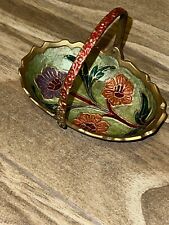 Vintage Small Oval Brass Handled Basket w/ Enamel Flowered Design Interior picture