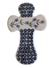 Blue Flowers Cross Ceramic Glazed Handmade Poland Boleslawiec 4.5 x 7.5