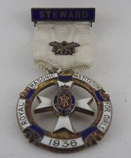 1936 Royal Masonic Institution Sterling Silver Enameled Medal Steward Mason  picture