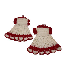 Vintage 2 Handmade Crochet Pot Holders Hot Pad Trivet Red White Doll Dress-A70 picture