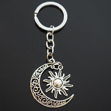 Sun & Crescent Moon Hollow Design Art Silver Pendant Keychain Gift Key Chain picture