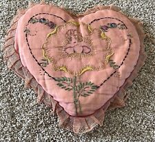 ANTIQUE 20s HAND EMBROIDERED HEART WOMAN YELLOW FLOWER DECORATIVE PILLOW RUFFLES picture