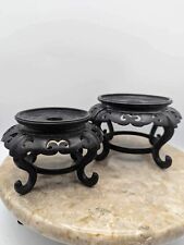 Vintage 2 Pc Asian Carved Dark Wood Display Stand Risers picture