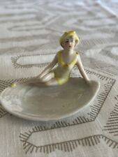 Vtg Antique FLAPPER BATHING BEAUTY Luster Oyster Shell Pin Dish Germany #4097 picture