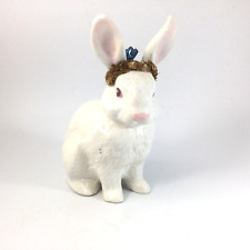 Vintage White Ceramic Figurine Sitting Bunny Rabbit with Ribbons Signed 1987 picture