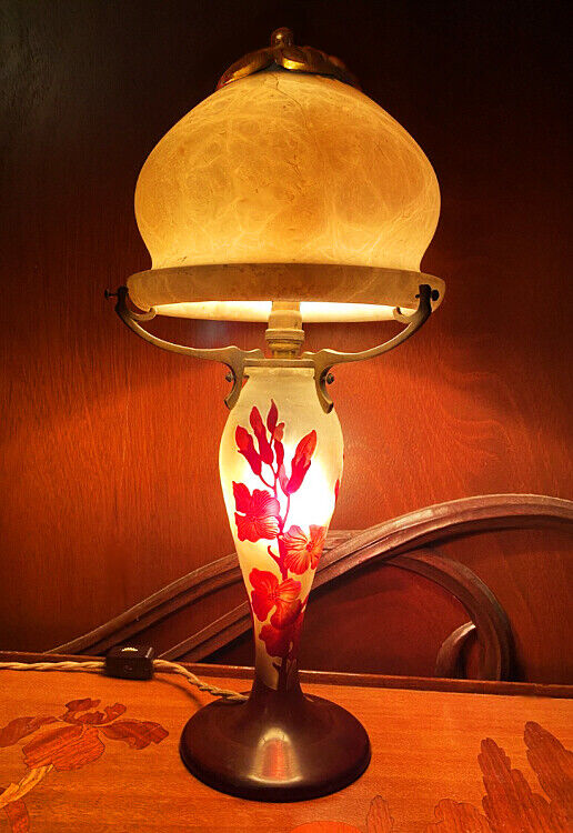 Emile Galle 1900 Art Nouveau ORIGINAL Signed  Antique Cameo Glass LAMP Alabaster