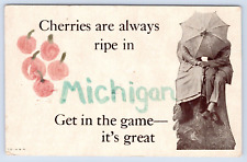 Cherries Are Always Ripe In Michigan  ~ Hand Painted Cherries Vintage Postcard picture