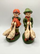 Vtg Goose Boy & Goose Girl Chalkware Figurines Hummel 8” Tall picture