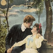 Postcard Valentine's Day Romance Love Couple on Bench in Moonlight Germany 1909 picture