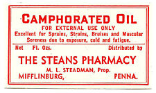 Vintage Pharmacy Label CAMPHORATED OIL Steans Pharmacy Mifflinburg Pennsylvania picture