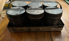 Vintage Rustic 6 Lidded Jars Tin Spice Tray w/ Handle Faded Black  Tole picture