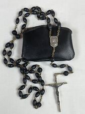 VINTAGE ROSERY/CRUCIFIX EBONY ITALY. SOME CARVED STATIONS W/ ZIPPERED POUCH picture