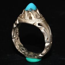 Vintage Large Near Eastern Silver Ring with Natural Turquoise Stone Bezel picture