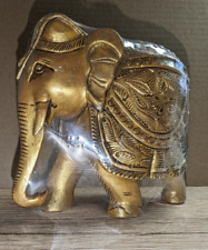 Vintage Golden Wood Elephant Hand Carved Etched Statue 5 x 5 1/2 Inches NIB picture