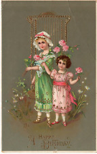 Postcard Birthday Embossed Pretty Girls Fancy Dress Pink Roses -9665 picture