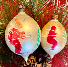 2 VTG Hand Painted Glass Teardrop Xmas Ornaments: Downhill Skiers/Blue- Poland picture