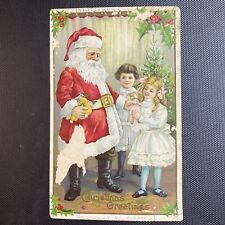 1900's Jolly Santa Antique Christmas Greeting Postcard Series 227 D Girls Bear picture