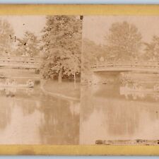 c1870s Chicago, IL Lincoln Park Pond Bridge Canoe Boat Real Photo Stereoview V40 picture