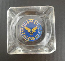 Vintage KELLOGG FIELD Glass Ashtray Square Battle Creek Michigan AIRPORT picture