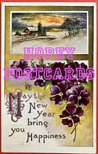 Antique PANSY & SNOW SCENE postcard~NEW YEAR ~SILVER HIGHLIGHTS~ 1907-1914   picture