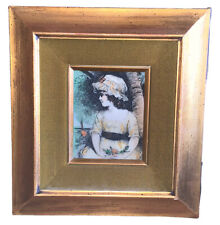Antique Etched Resin Wall Hanging GIRL Sitting w Bonnet in Gold Gilt Frame 12x11 picture