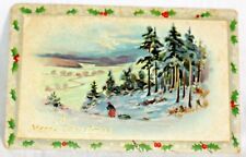 Tucks Postcard A Merry Christmas Embossed Winter Scene Trees Woman Sled Vtg picture