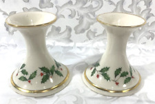 Lenox Candle Sticks China Holiday Holly Christmas 24kt Gold Hand Painted Set of2 picture