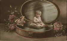 Baby in Giant Antique Compact Mirror Surrealism Vintage Tinted RPPC Postcard picture