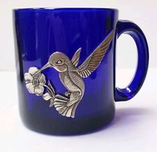 Vtg Cobalt Blue Glass Hummingbird Coffee Cup Mug Pewter Bird Made In USA picture