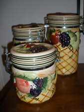 VINTAGE FRUIT CANISTERS SET OF 3 BOHO RETRO 1970 CERAMIC HINGED LIDS picture