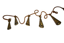 Antique 5 Etched Brass Bells Sarna India Cone Shape on Braided Cord Wind Chimes picture