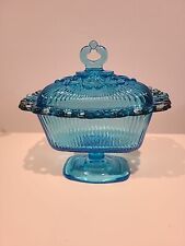 Vintage Indian Glass Lace Edge Footed Horizon Blue Covered Candy Dish picture